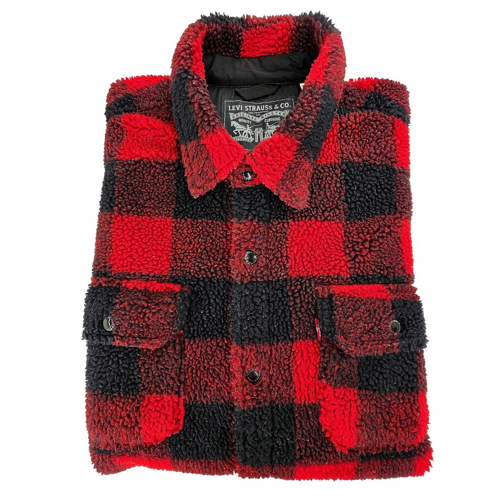 Levi’s Sherpa Trucker Jacket Men L Buffalo Plaid Ranch Americana Hunting - Picture 3 of 12